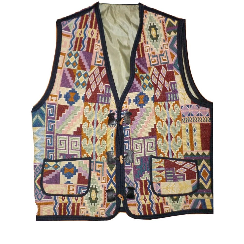 Vintage Dunya Turkish Tapestry Embroidered Vest Wooden Toggles